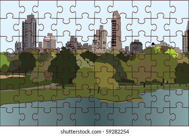 The vector image of a puzzle of the park imposed on vector drawing.