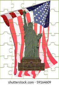 The vector image of puzzles imposed on vector drawing of Statue of Liberty against the American flag.