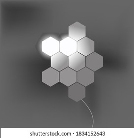 vector image of quantum lamps from hexagonal led panels in the form of a puzzle to illuminate a dark room.