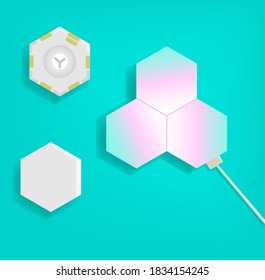 vector image of quantum lamps from hexagonal led panels in the form of a puzzle to illuminate a dark room