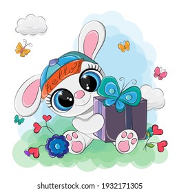 Vector image of a rabbit with a big gift in its paws. A cute illustration made in a cartoon style, butterflies fly around the hare, you can see from his smile that he is happy about it