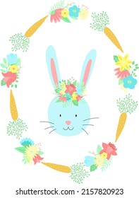 Vector image of a rabbit with bouquet on the head in the flowers and carrots wreath. Hand-drawn Easter illustration of a bunny for spring happy holidays, summer, greeting card, poster, print, child