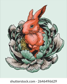Vector image of a rabbit in a cabbage, suitable for cute children's story illustrations or printed on t-shirts.