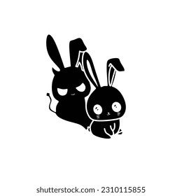 Vector, Image of rabbit and devil icon, black and white color, with white background.