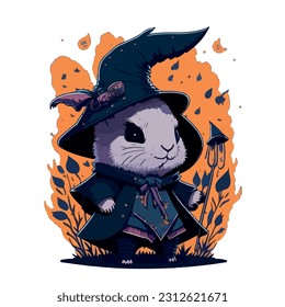 vector image of a rabbit in a witch costume and hat