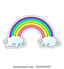 Vector image of a rainbow with clouds, designed as a sticker with a dashed outline.