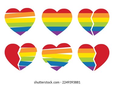 Vector image of the rainbow heart and a broken heart on white background. Gay, and LGBT symbols and icons, with rainbow hearts.