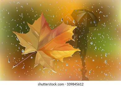 Vector image of raindrops on the glass and the human figure under an umbrella.