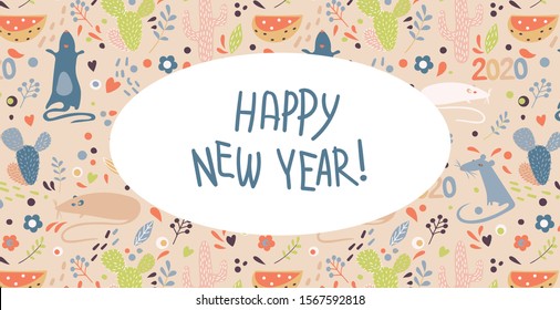 Vector image of rats, cacti, flowers, cheese and footprints with the English word "Happy New Year" in the Scandinavian style. Wide frame