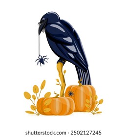 vector image of a raven bird on a tree trunk with a spider and pumpkins