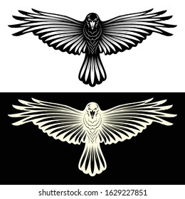 The vector image of a raven with open wings. Sacred Celtic symbol. Sign of Vikings. Indian totem. Black tribal animals tattoo. Illustrations for t shirt print. Drawing for design. 