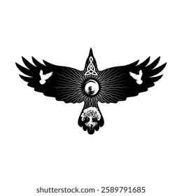 The vector image of a raven with open wings. Sacred Celtic symbol. Sign of Vikings. Sun and the world tree. Black tattoo. Illustrations for t shirt print. Drawing for design.