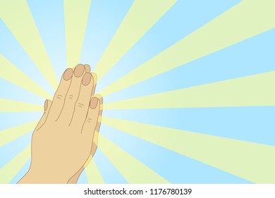 Vector image of the rays of light coming from the palms. Hands of a praying person. Religious image with space for text.