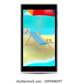 Vector image of a realistic black phone with a screensaver of a summer holiday on the beach. Chaise-longue, slippers, panama, umbrella from the sun.