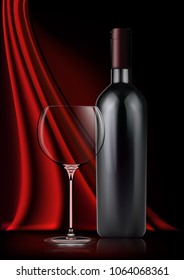 Vector image of a realistic bottle of red wine and a glass goblet in photorealistic style on a background of red dark silk fabric. 3d realism illustration