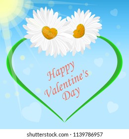 Vector image of realistic chamomile flowers on the background of the sky. Congratulatory Valentine's Day card