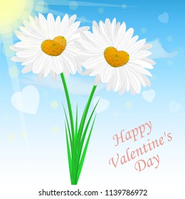 Vector image of realistic chamomile flowers on the background of the sky. Congratulatory Valentine's Day card