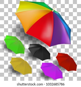 Vector image of a realistic expanded umbrella. Multicolored umbrellas on a transparent background.