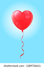 Vector image of realistic heart-shaped balloon with bright highlights on blue sky background