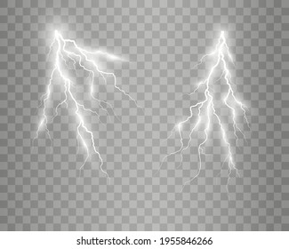 
Vector image of realistic lightning. Flash of thunder on a transparent background.