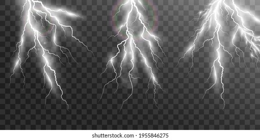 
Vector image of realistic lightning. Flash of thunder on a transparent background.