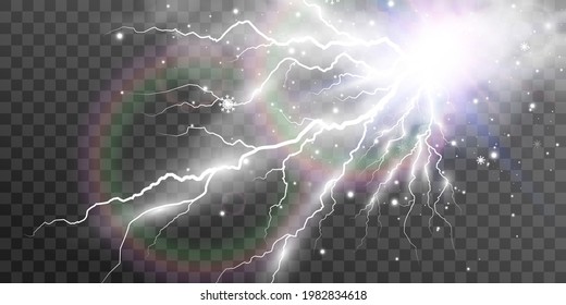 Vector image of realistic lightning. Flash of thunder on a transparent background.	
