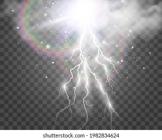 Vector image of realistic lightning. Flash of thunder on a transparent background.	
