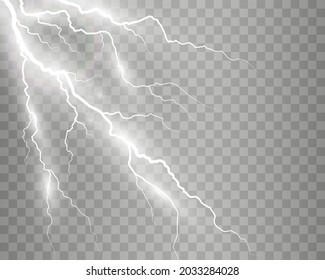 Vector image of realistic lightning. Flash of thunder on a transparent background.	
