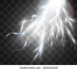 Vector image of realistic lightning. Flash of thunder on a transparent background.	
