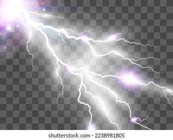 Vector image of realistic lightning. Flash of thunder on a transparent background.