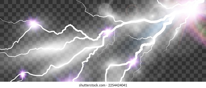 Vector image of realistic lightning. Flash of thunder on a transparent background.