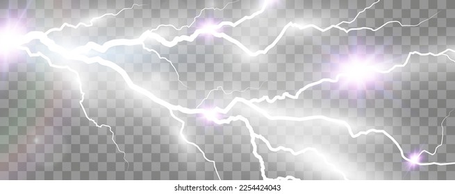 Vector image of realistic lightning. Flash of thunder on a transparent background.