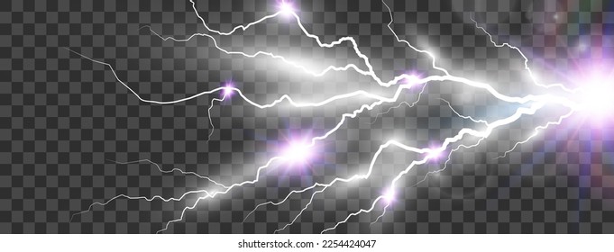 Vector image of realistic lightning. Flash of thunder on a transparent background.