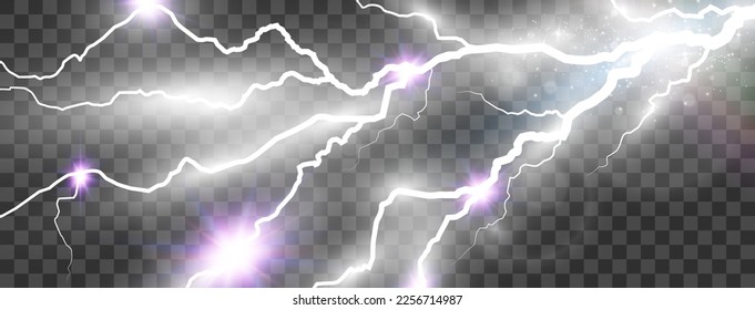 Vector image of realistic lightning. Flash of thunder on a transparent background.
