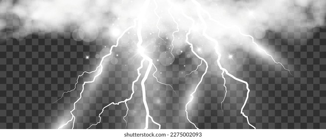 Vector image of realistic lightning. Flash of thunder on a transparent background.	
