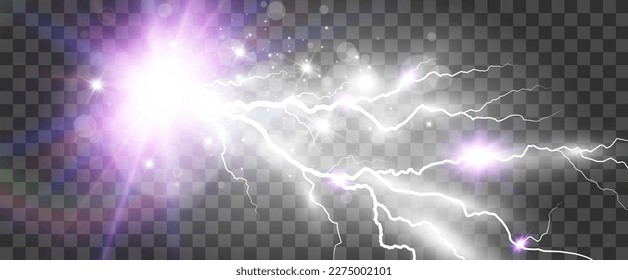 Imagen vectorial de un rayo realista. Flash de trueno sobre un fondo transparente.	
