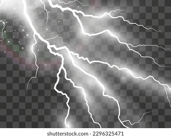 Vector image of realistic lightning. Flash of thunder on a transparent background.	