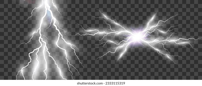 Vector image of realistic lightning. Flash of thunder on a transparent background.	