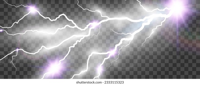 Vector image of realistic lightning. Flash of thunder on a transparent background.	