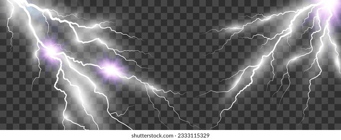Vector image of realistic lightning. Flash of thunder on a transparent background.	