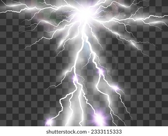 Vector image of realistic lightning. Flash of thunder on a transparent background.	