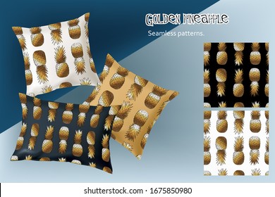 Vector image of realistic pillow with print. Isolated image of objects. Golden pineapple pattern.
