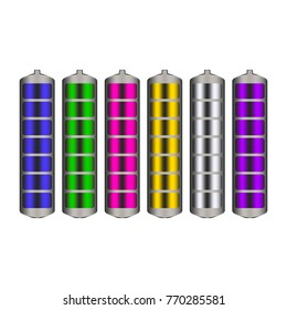 Vector image of rechargeable batteries with charge indicator of different colors