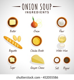 vector image. recipe for onion soup, cheese, butter, baguette, onions, chicken broth. ingredients
