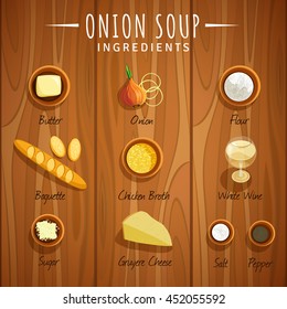 vector image. recipe for onion soup, cheese, butter, baguette, onions, chicken broth. ingredients