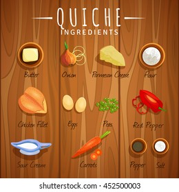 vector image, recipe quiche, butter, onion, cheese, flour, sour cream, chicken breast, eggs, peas, red pepper, carrots, salt, pepper. on table, top view, ingredient, wooden worktop