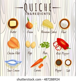 vector image, recipe quiche, butter, onion, cheese, flour, sour cream, chicken breast, eggs, peas, red pepper, carrots, salt, pepper. on table, top view, ingredient, wooden worktop