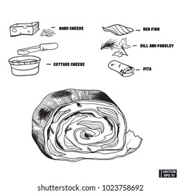 Vector image. The recipe for a roll with red fish. Salad of fish and cheese in pita bread. Sketch hand drawn