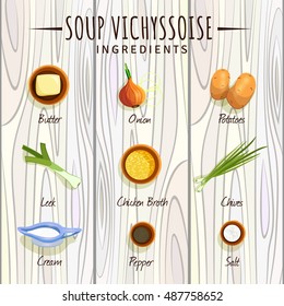 vector image. recipe vichyssoise soup, butter, onion, chicken broth, potatoes, cream, salt, pepper. ingredients