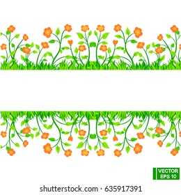 Vector image. Rectangular frame surrounded by flowers. Postcard with nice simple flowers